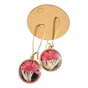 Pressed Flower Drop Earrings Gold colored Metal Red and White Flowers